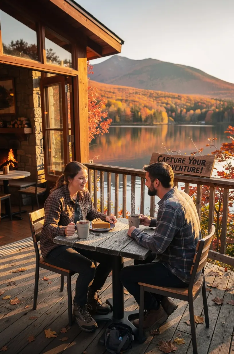 Группа путешественников наслаждается напитками в кафе, окружённом живописными американскими пейзажами.