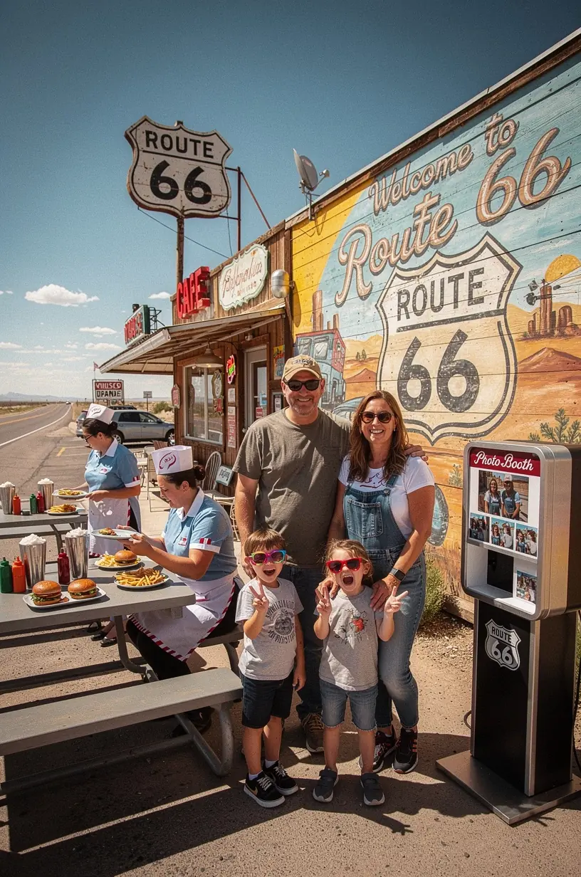 Крупный план на принтер для мгновенной печати фотографий, расположенный в кафе на туристическом маршруте.