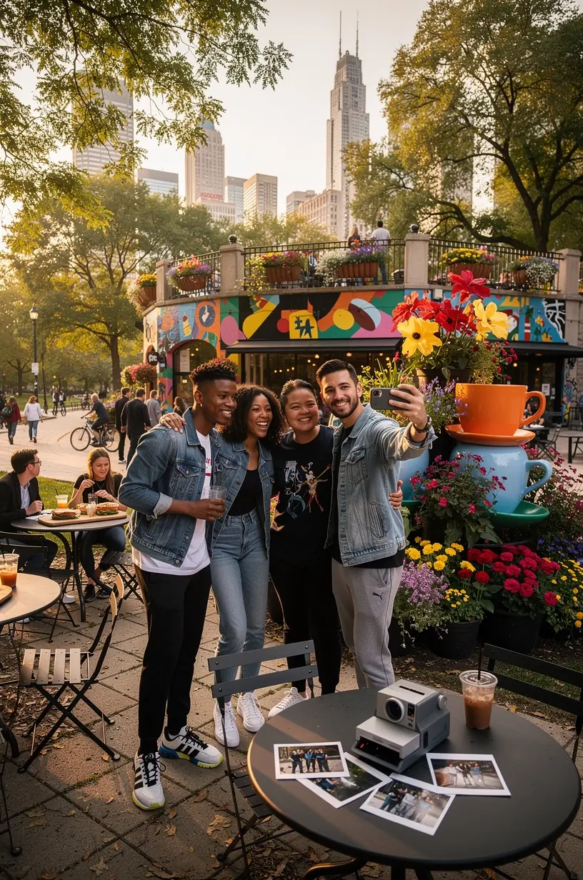 Внешний фасад кафе с яркими вывесками, привлекающими путешественников для остановки и создания памятных фото.